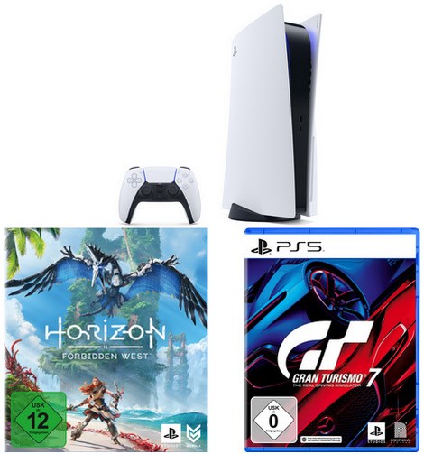 PS5 con unidad de disco + Horizon Forbidden West (código) + GT7 (disco)